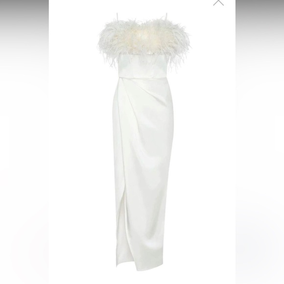 White Silk Midi Dress with Feather Trim- SMALL - Picture 2 of 5